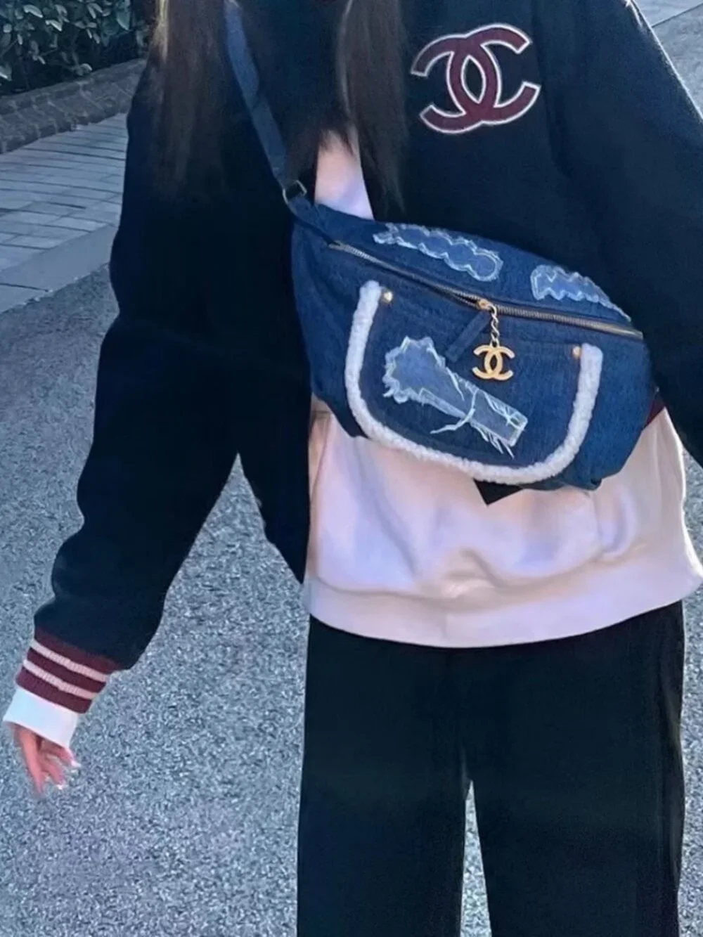 Chanel Denim Shearling Fur Waist Crossbody Bag White Blue Limited Edition
